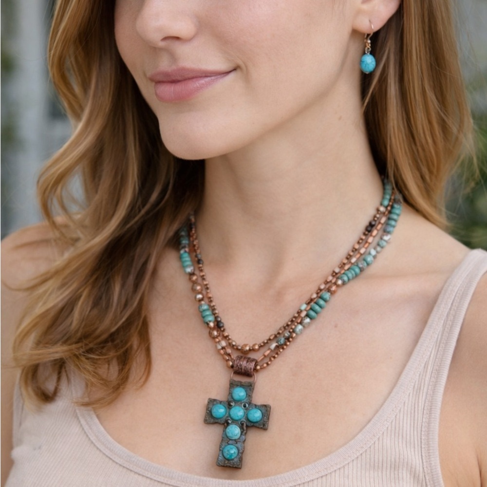 Blazin Roxx Cross Pendant Beaded Necklace & Earring Set Turquoise Cooper NWT